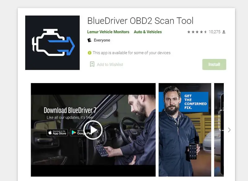 a collage showing BlueDriver UI on Google Play Store and App Store