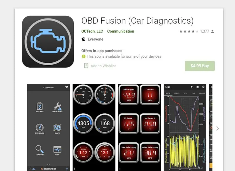 a collage showing OBD Fusion UI on Google Play Store and App Store