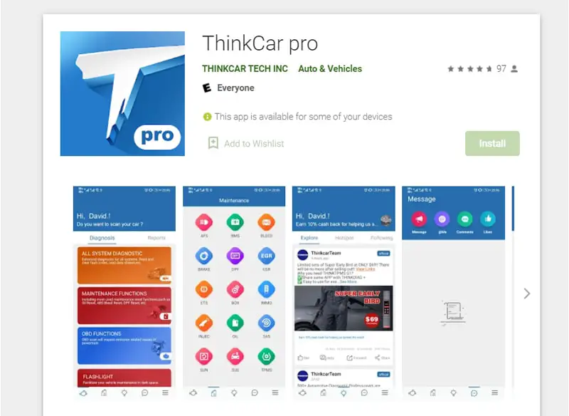 a collage showing ThinkCar Pro UI on Google Play Store and App Store