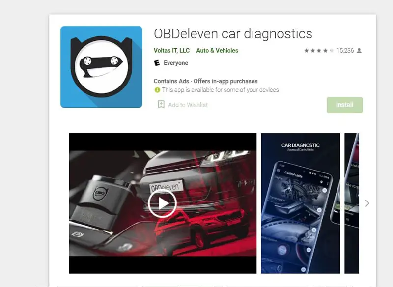 a collage showing OBDeleven UI on Google Play Store and App Store