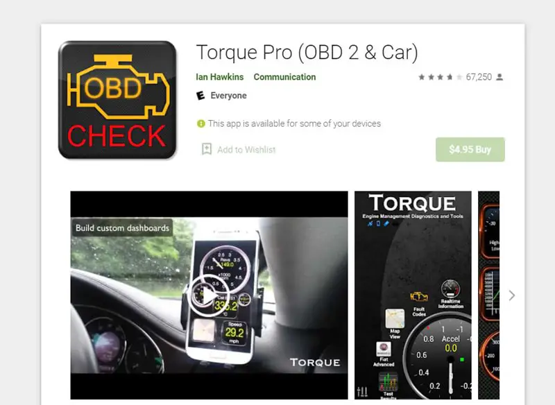 a collage showing Torque Pro UI on Google Play Store and App Store