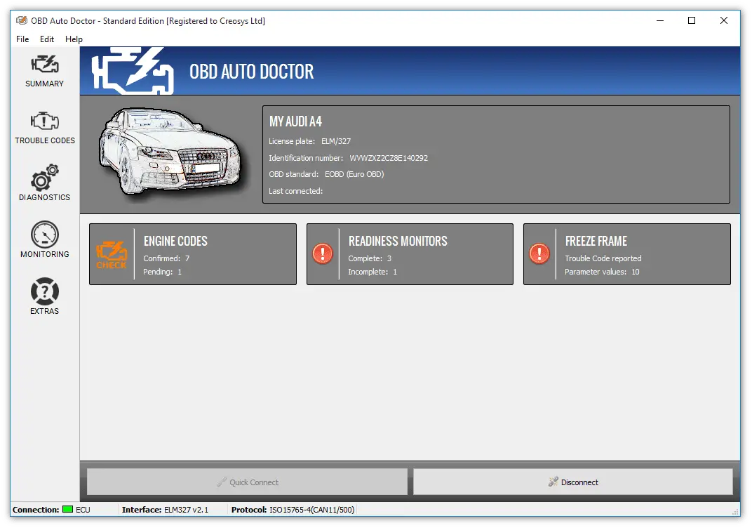 OBD Auto Doctor software Interface